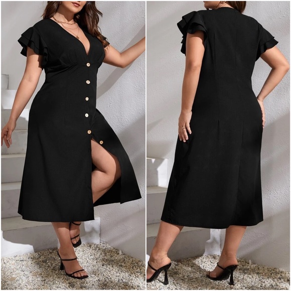 Plus Button up Butterfly Sleeve Dress - Picture 4 of 9